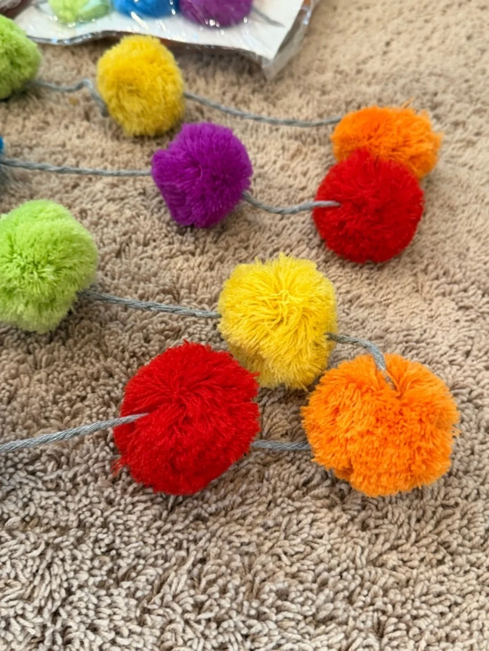 New set of 6 strands of multi color rainbow pom pom garland decoration party